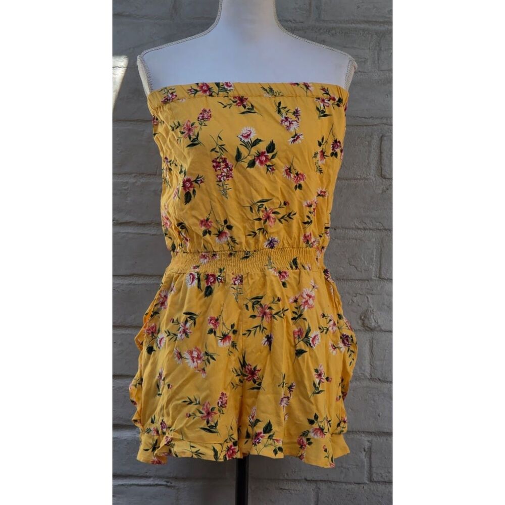 Angie Yellow Floral Strapless Romper Elastic Waist Ruffle Hem Size L